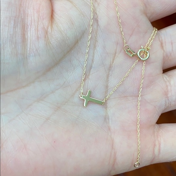 14K Solid Yellow Gold Mini Sideways Cross Necklace - Picture 5 of 7